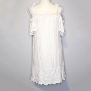 Blue Rain White Embroidered Cold Shoulder Flutter-Sleeve Lined Summer Dress - S